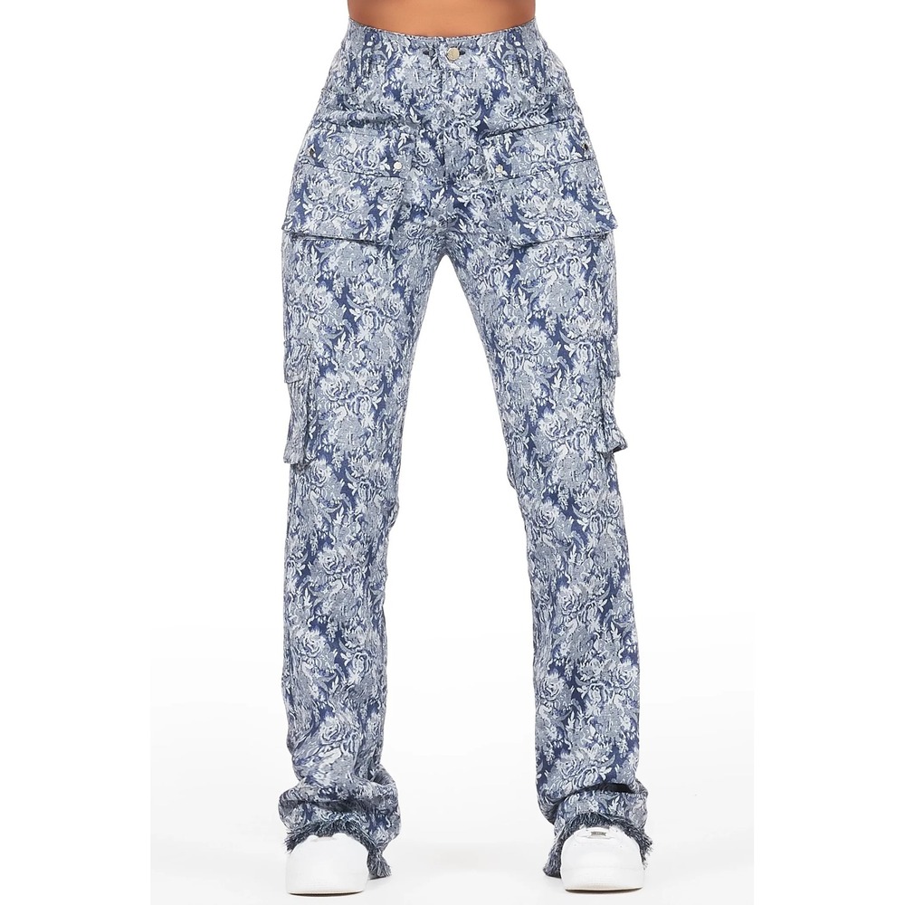 Rockstar Original Blue Floral Tapestry Jacquard Cargo Frayed Hem Stacked Pants S